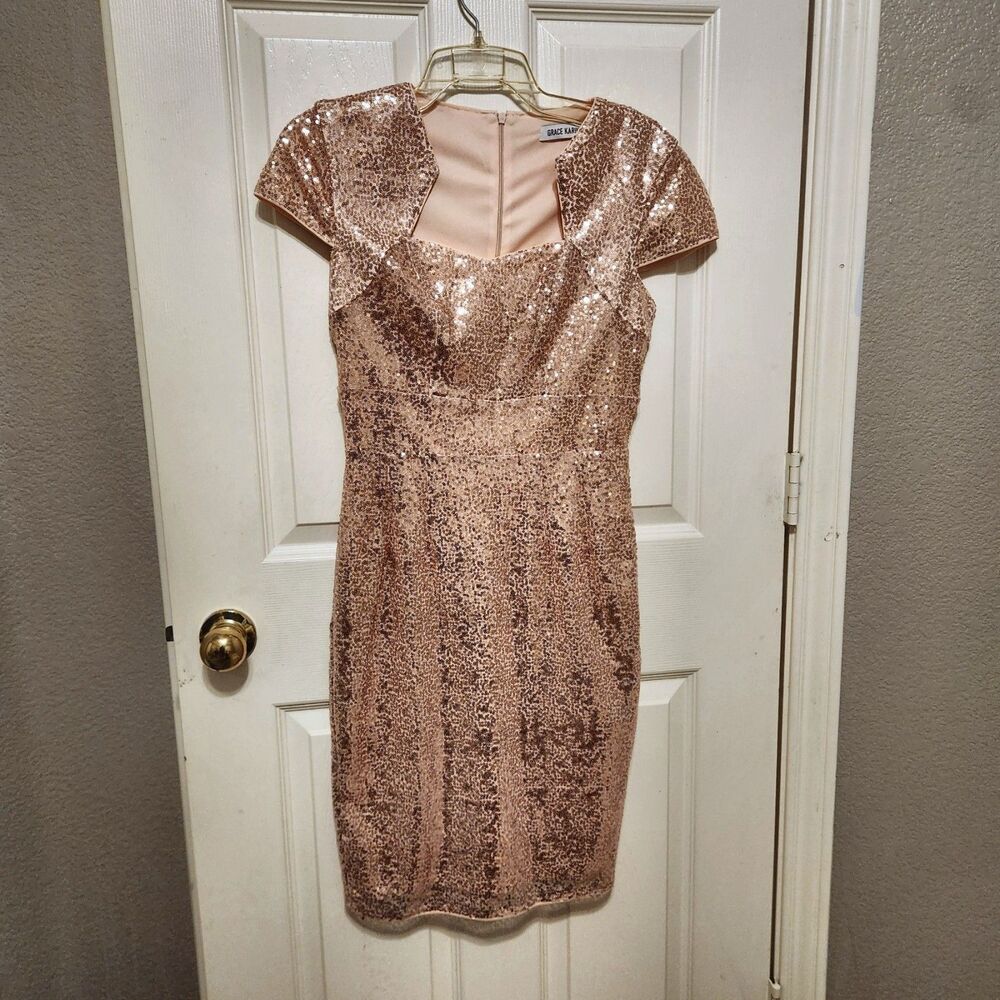 GRACE KARIN Womens S Rose Gold Sequin Midi Bodycon Pencil Cocktail Dress